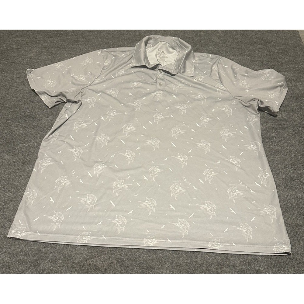 Huk Fishing Men's XXL Grey Performance Polo Shirt Sailfish Birds AOP